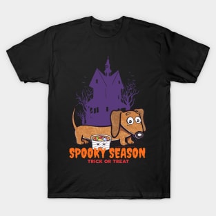 Funny and cute haunted house Doxie Dachshund during spooky season with scary house and trees T-Shirt